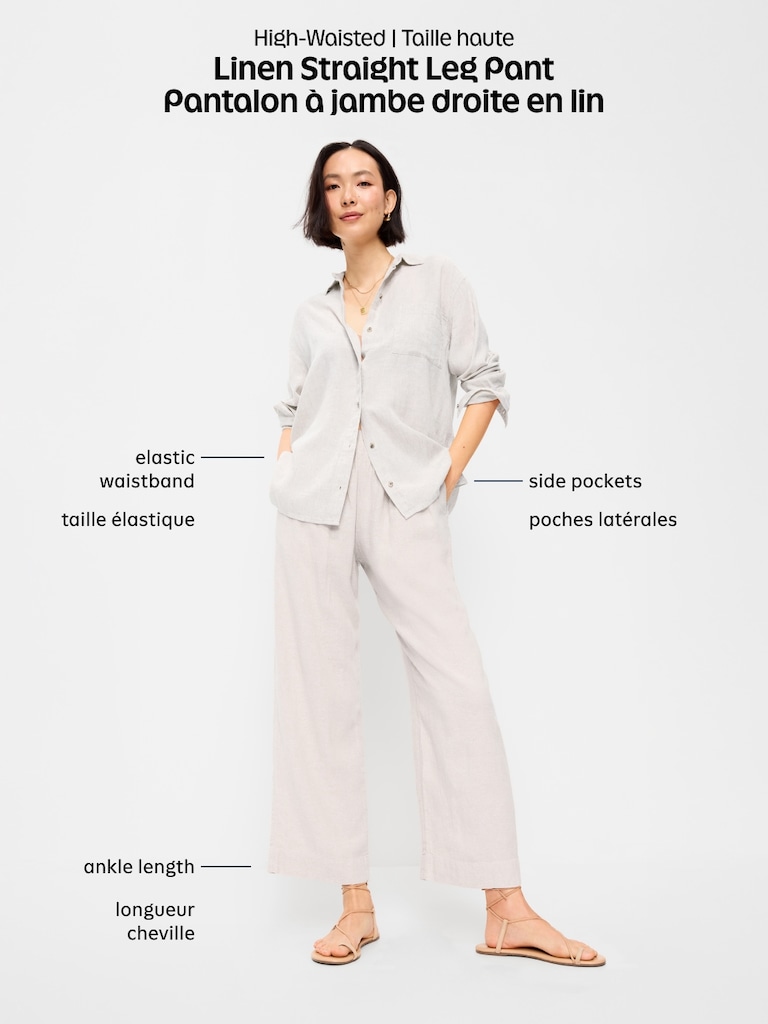High-Waisted Linen-Blend Straight Ankle Pants