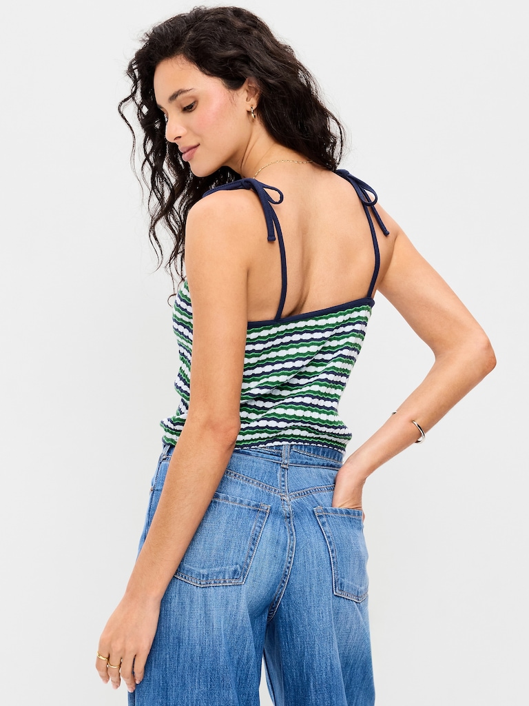 Sleeveless Pointelle Tie-Strap Tank Top