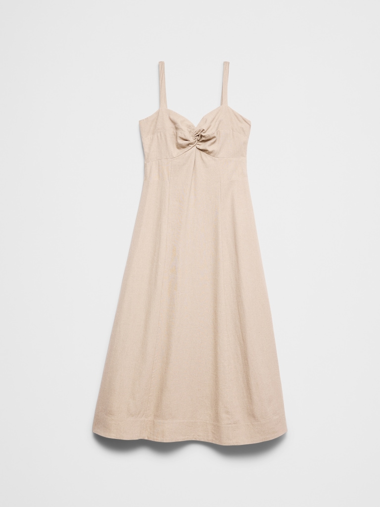Linen-Blend Strappy Twist-Front Midi Dress