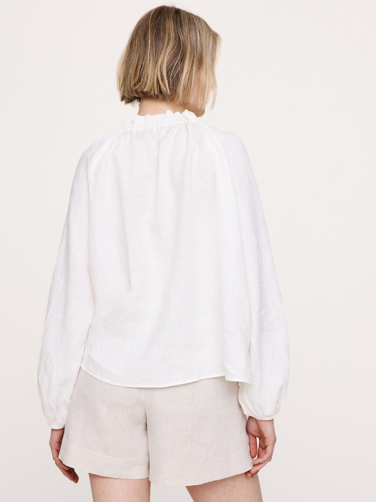 Linen Ruffle-Neck Top