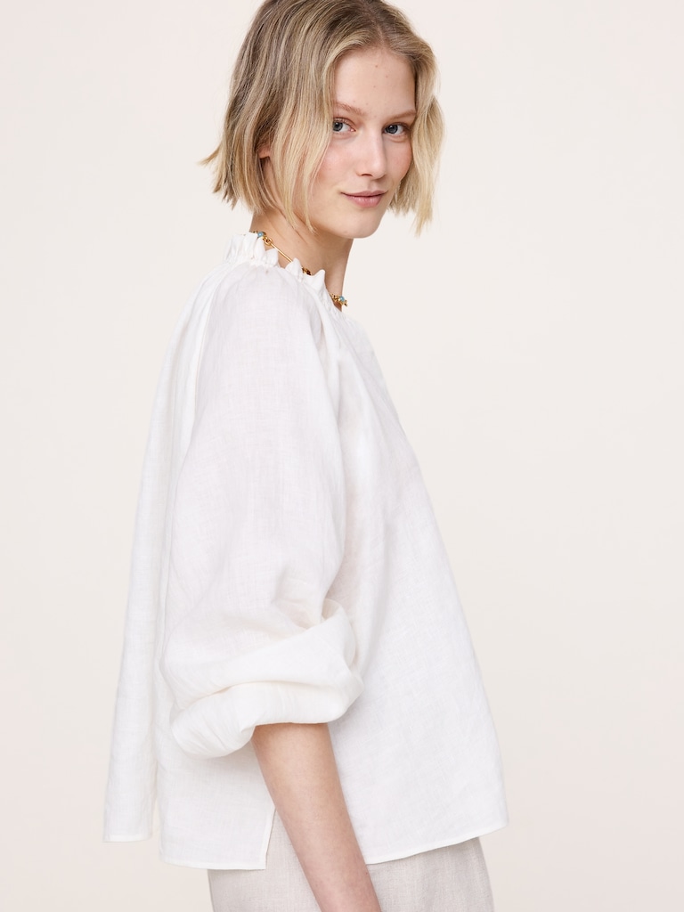 Linen Ruffle-Neck Top