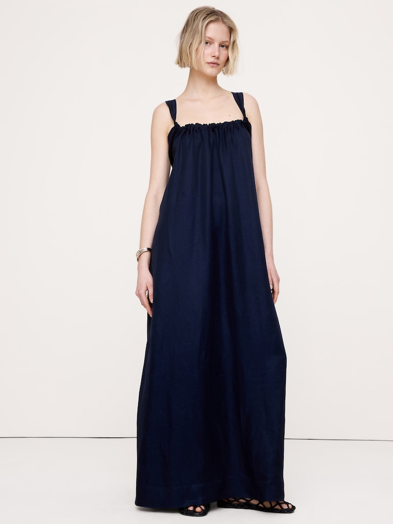 Viscose-Linen Gathered Maxi Dress