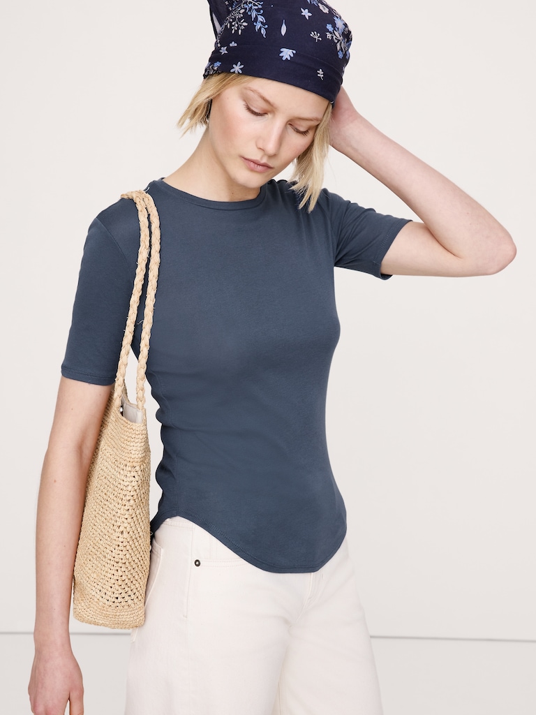 Airy Cotton Elbow-Sleeve T-Shirt