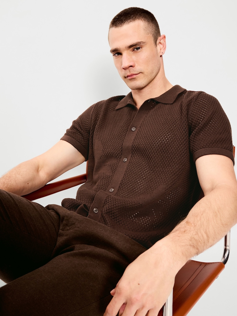 Short-Sleeve Open-Knit Sweater Shirt