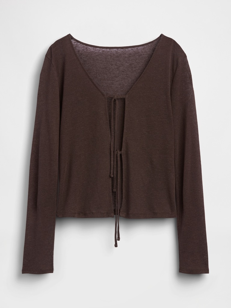 Linen-Blend Tie-Front Cardigan