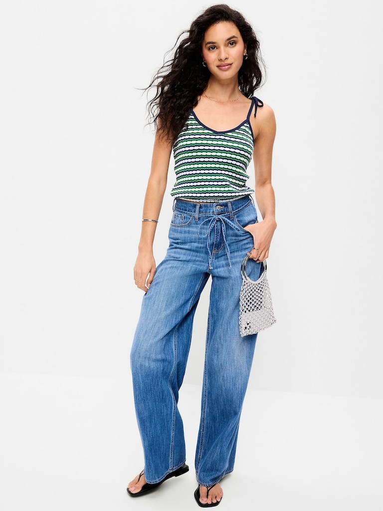 Sleeveless Pointelle Tie-Strap Tank Top