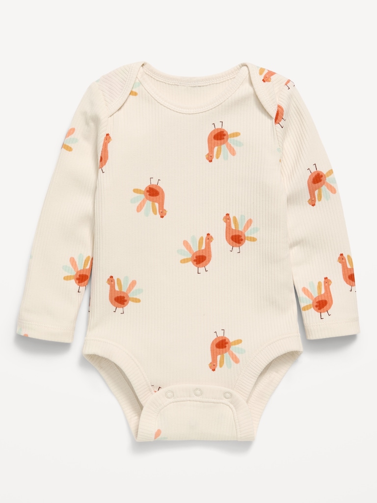 Printed Unisex Long-Sleeve Ribbed Bodysuit for Baby