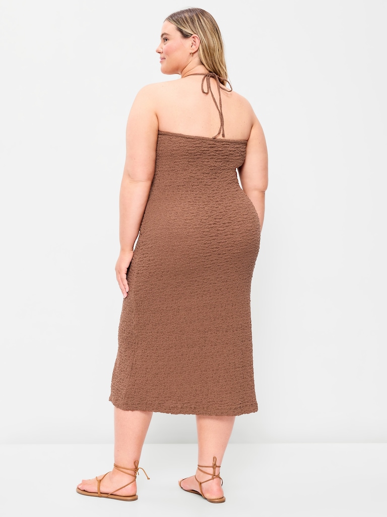 Beaded Halter-Neck Textured Midi Dress