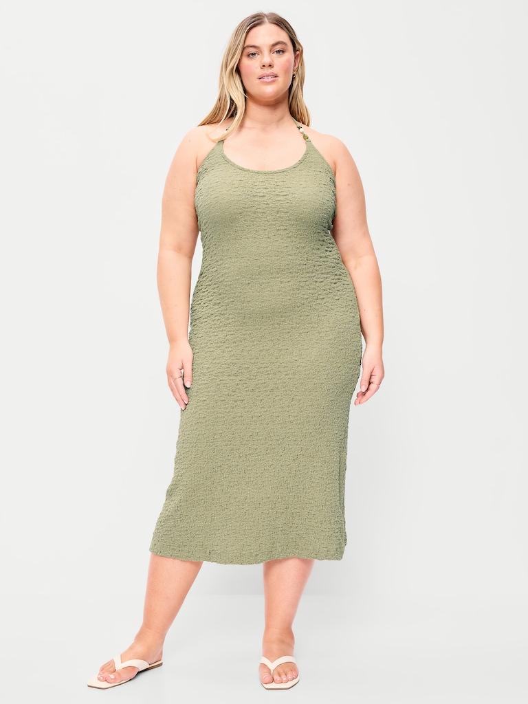 Beaded Halter-Neck Textured Midi Dress