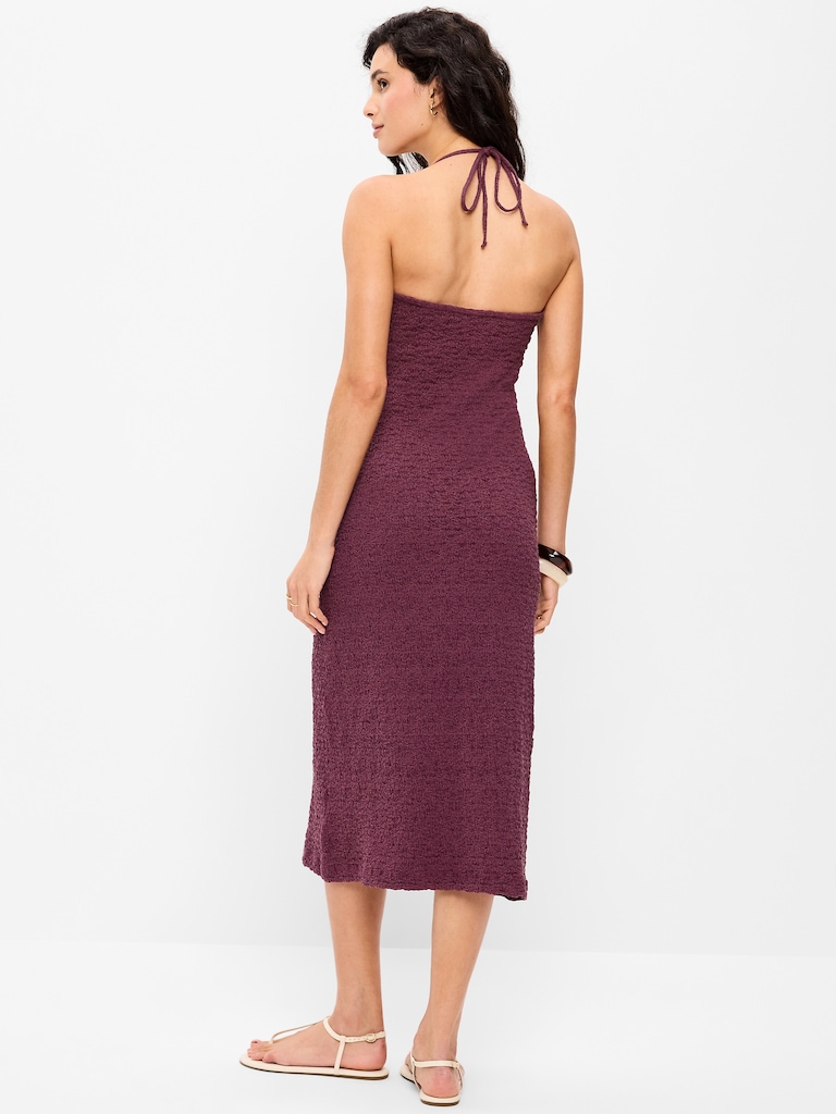 Beaded Halter-Neck Textured Midi Dress