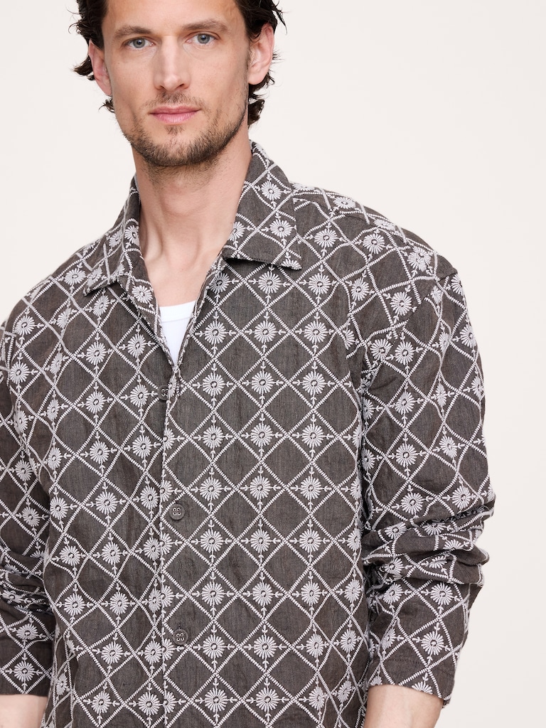 Chemise de vacances décontractée à manches longues en lin brodé