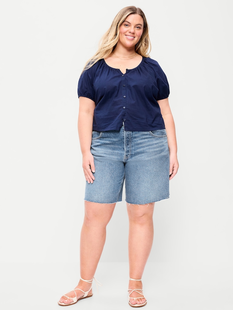 Mid-Rise Baggy Jean Cut-Off Shorts -- 9-inch inseam