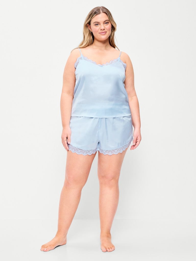 Satin Lace-Trim Pajama Tank and Shorts Set