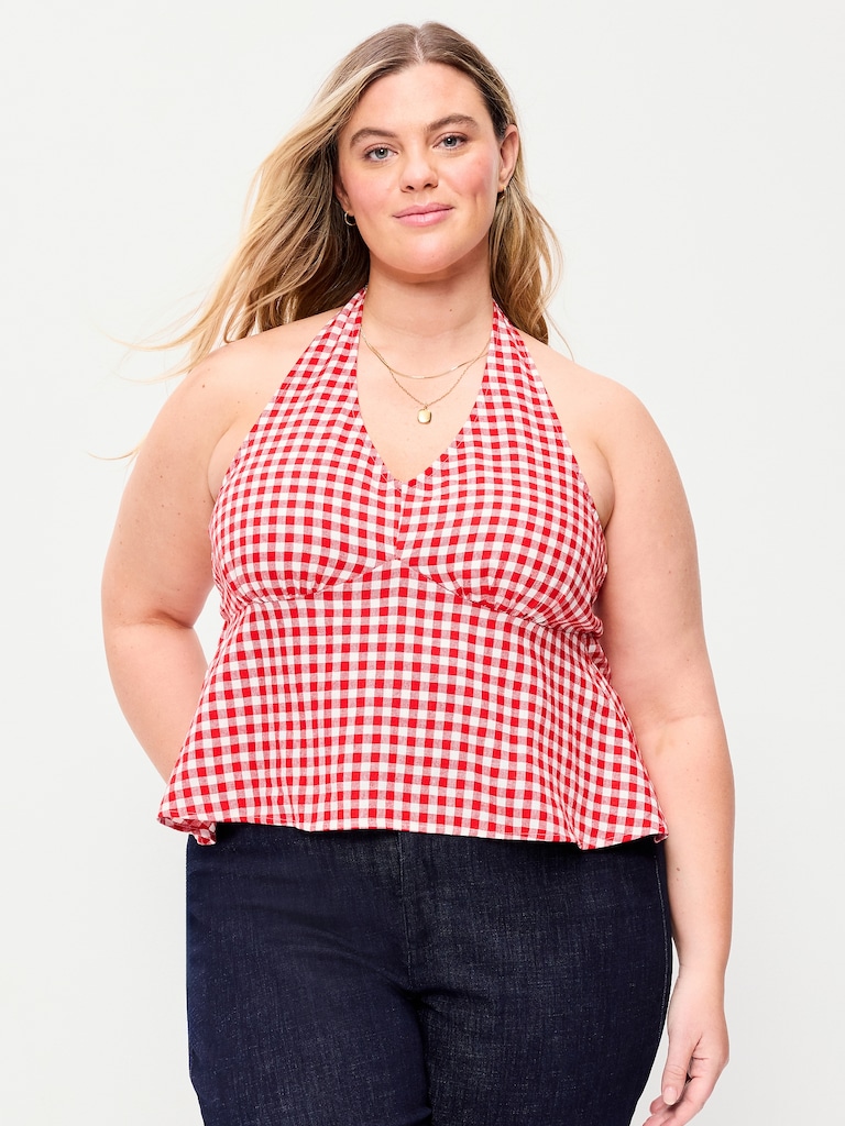 Linen-Blend V-Neck Halter Top