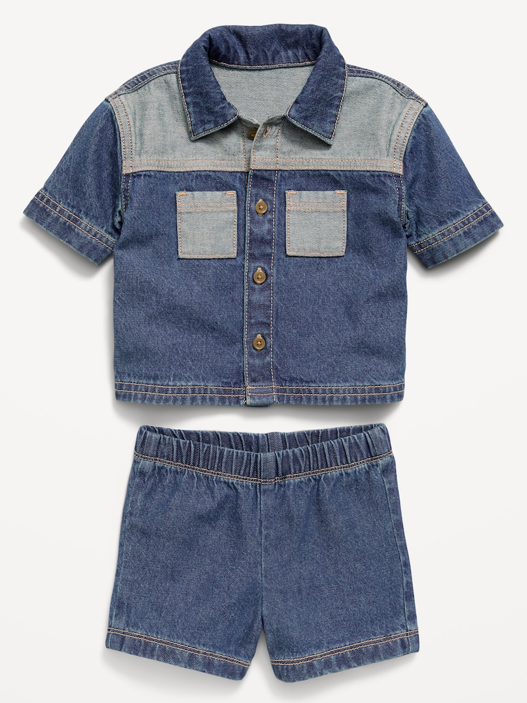 Short-Sleeve Denim Shirt and Shorts Set for Baby