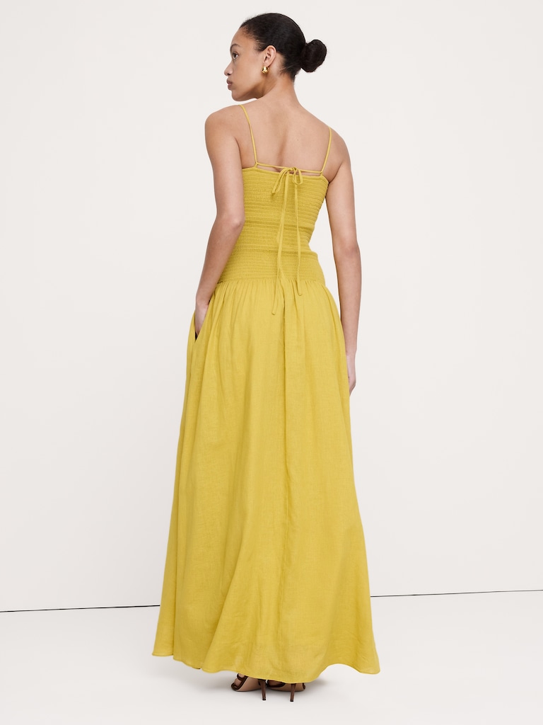 Linen-Cotton Gauze Smocked Maxi Dress