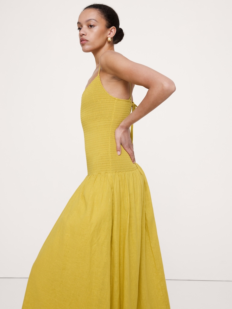 Linen-Cotton Gauze Smocked Maxi Dress