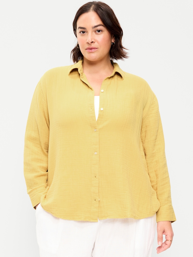 Open-Back Crinkle Gauze Button-Down Shirt