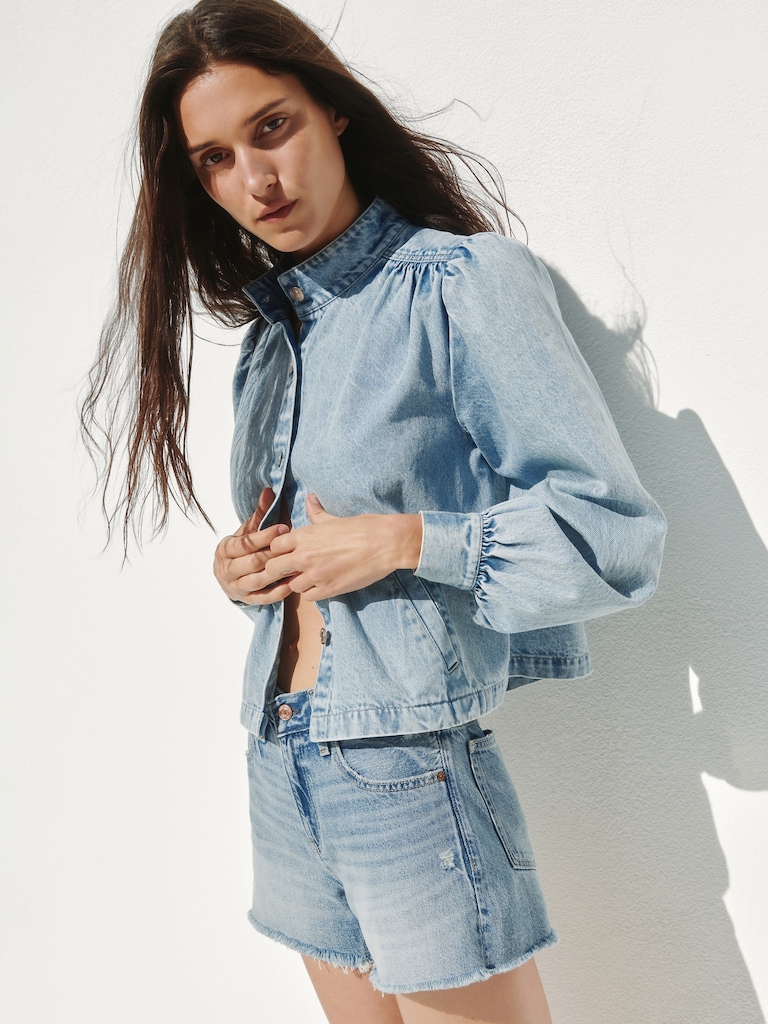 Denim Balloon-Sleeve Crop Swing Jacket