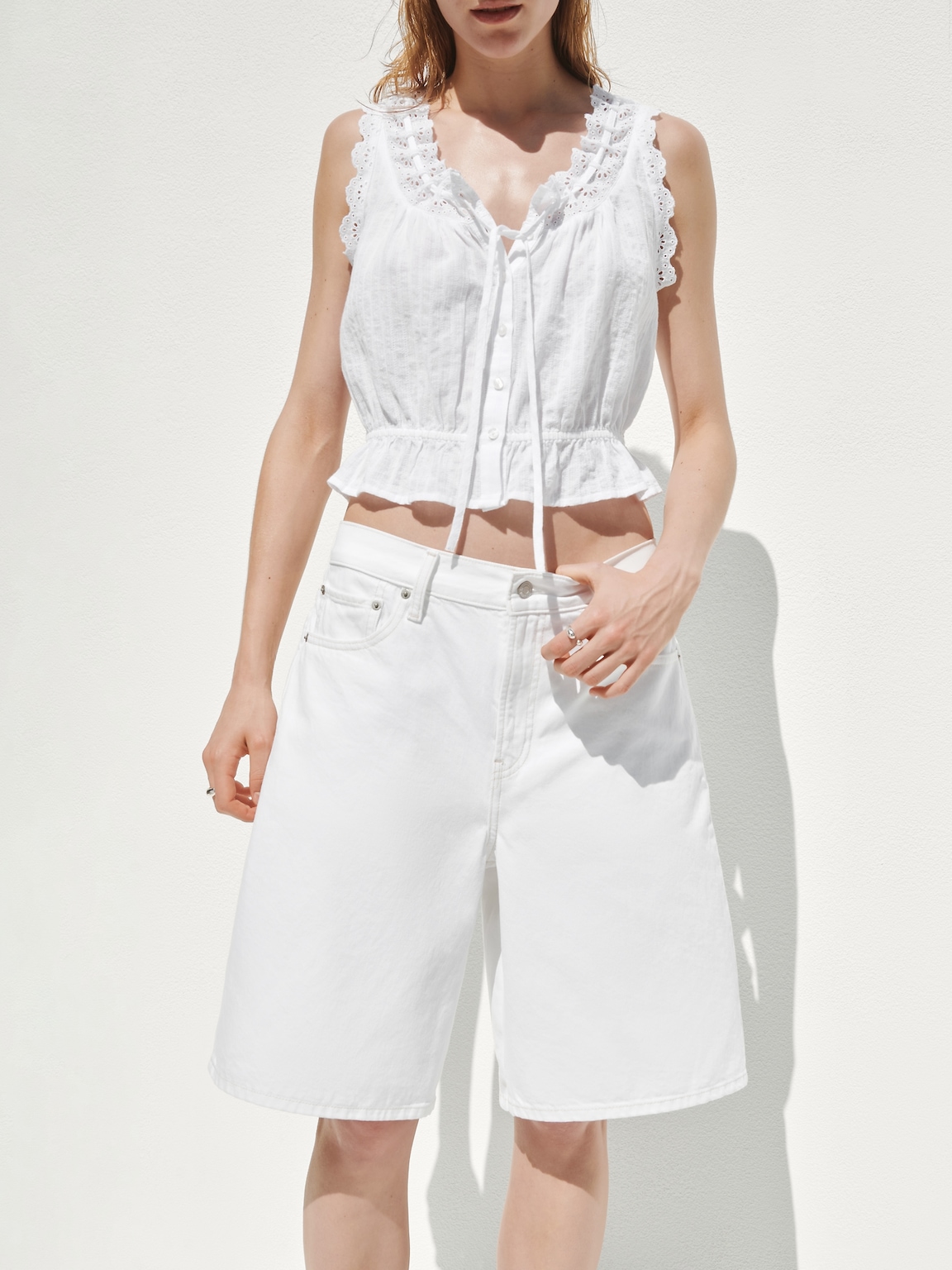 Eyelet Tie-Front Crop Peplum Top