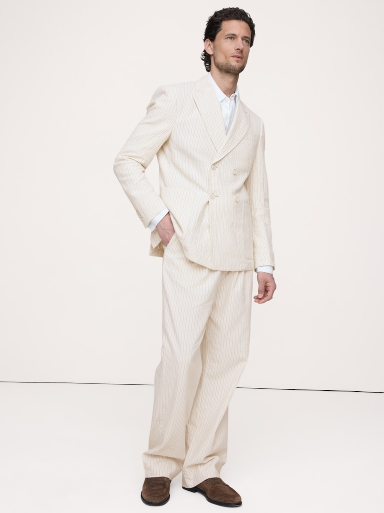 Double-Breasted Italian Cotton-Linen Seersucker Suit Jacket