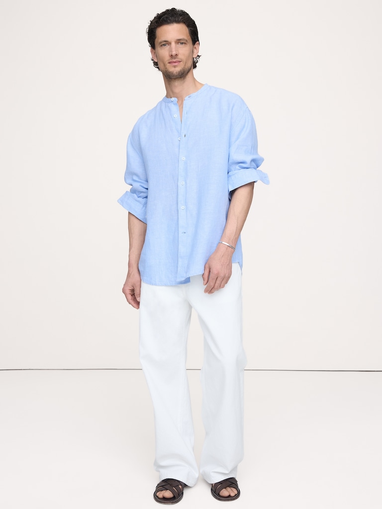 Relaxed-Fit Linen Banded-Collar Shirt