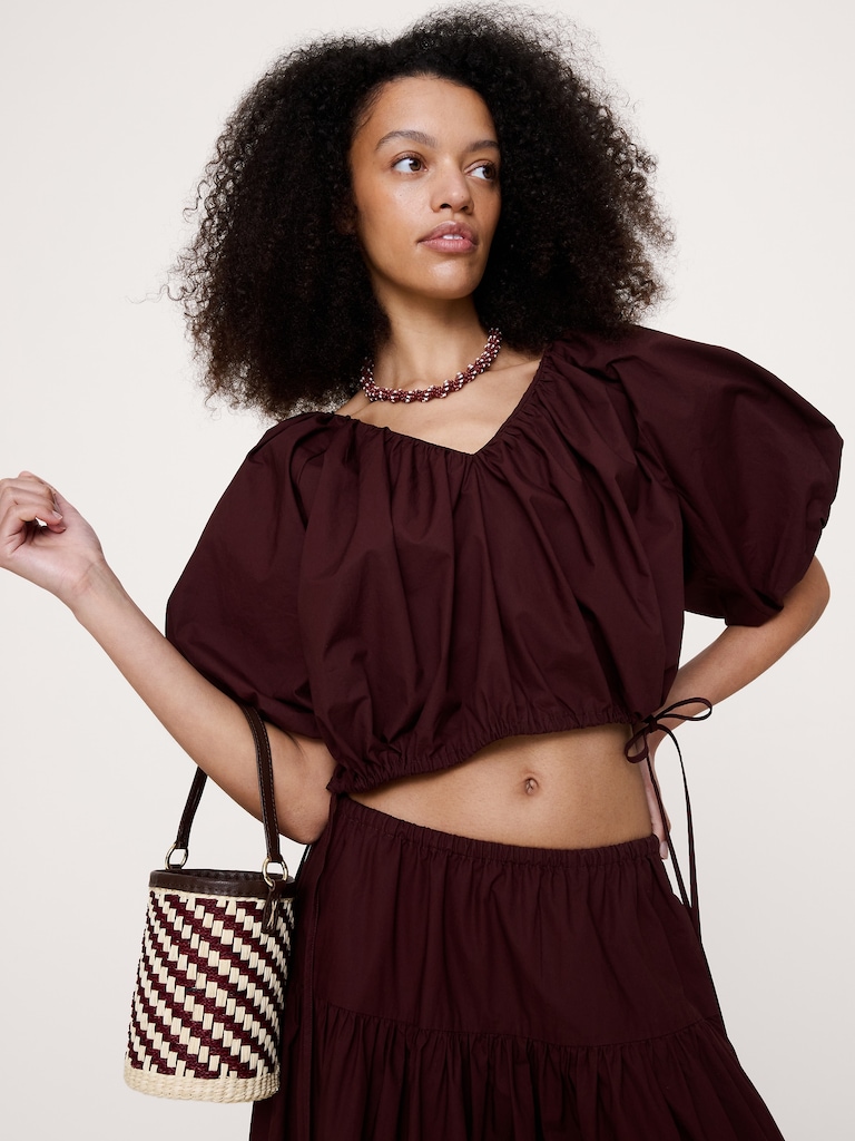 Cotton Poplin Bubble-Hem Cropped Top