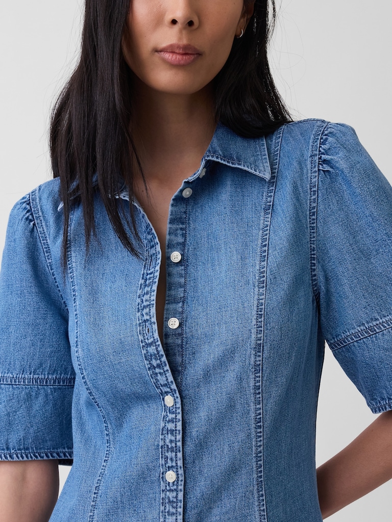 Denim Barrel-Sleeve Midi Shirtdress