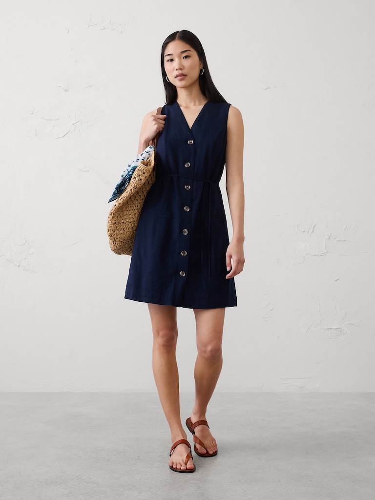 Linen-Blend Button-Front Above-Knee Dress