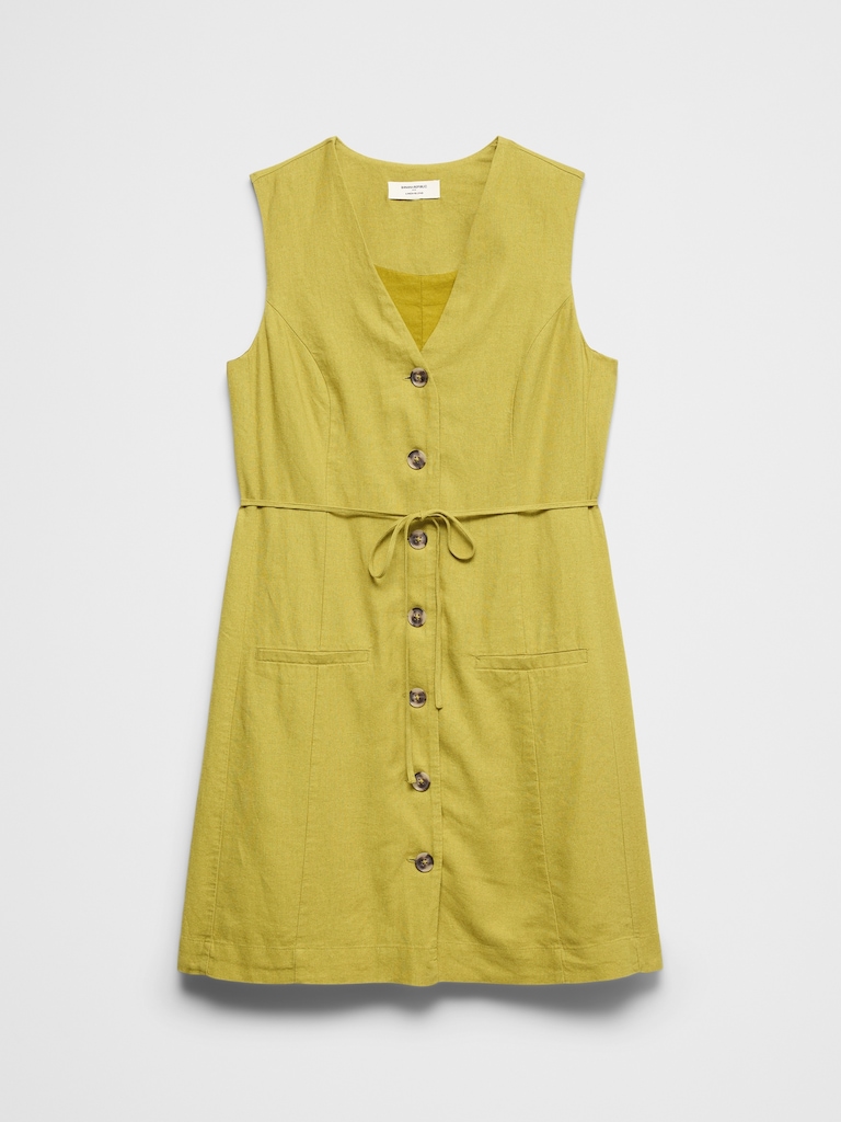 Linen-Blend Button-Front Above-Knee Dress