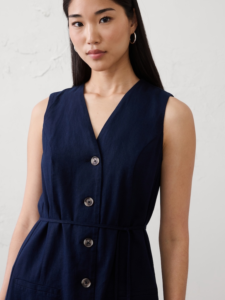 Linen-Blend Button-Front Above-Knee Dress