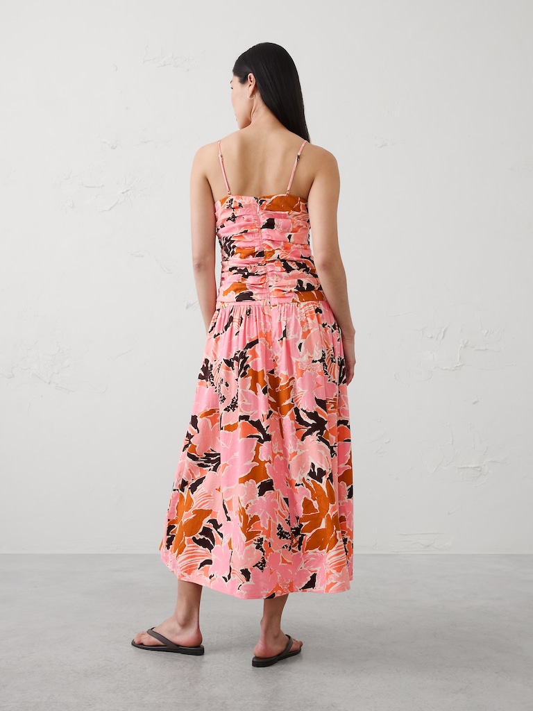 Linen-Blend Strappy Ruched-Bodice Maxi Dress
