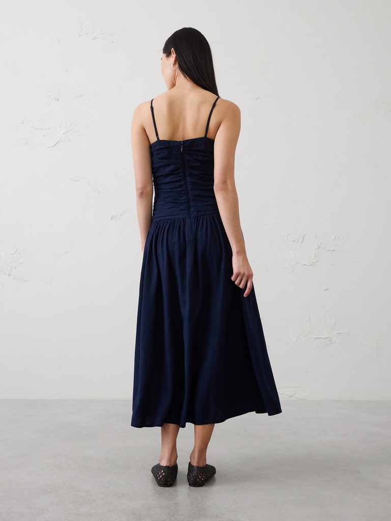 Linen-Blend Strappy Ruched-Bodice Maxi Dress