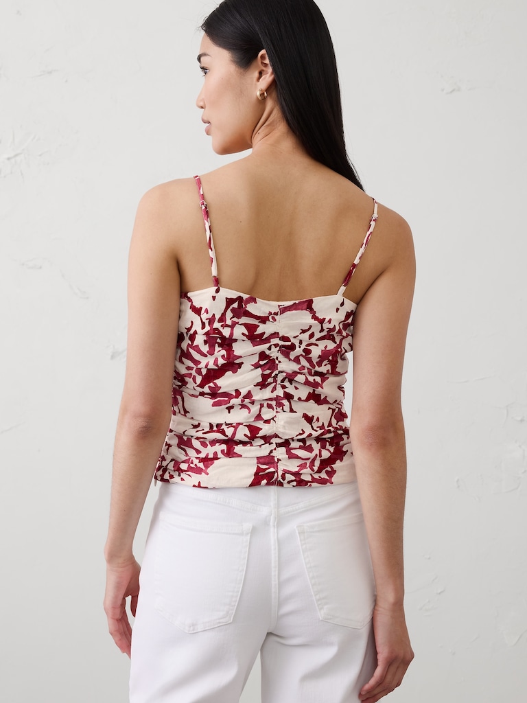 Linen-Blend Strappy Ruched Top