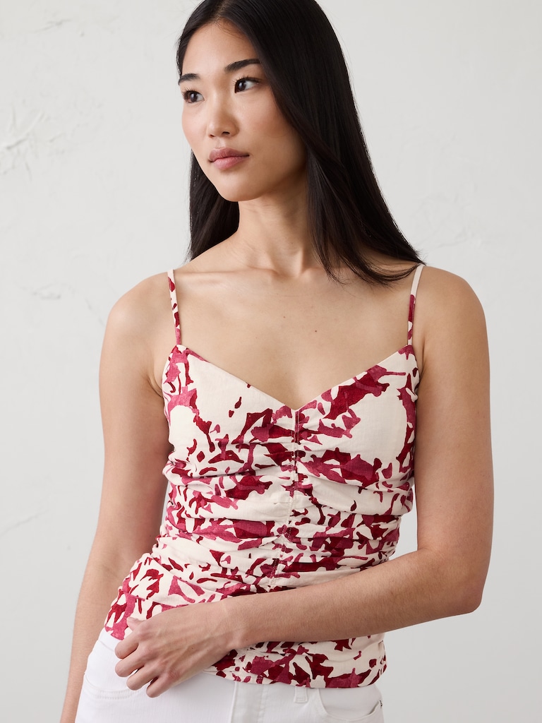Linen-Blend Strappy Ruched Top