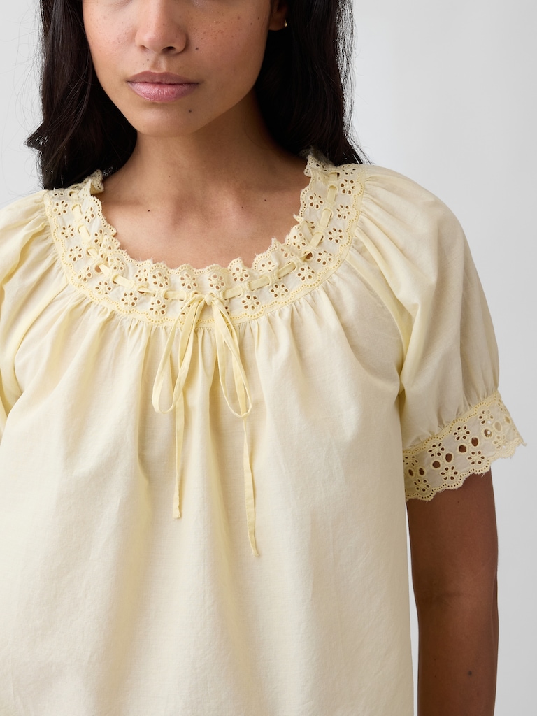 Relaxed Embroidered Tie-Front Top