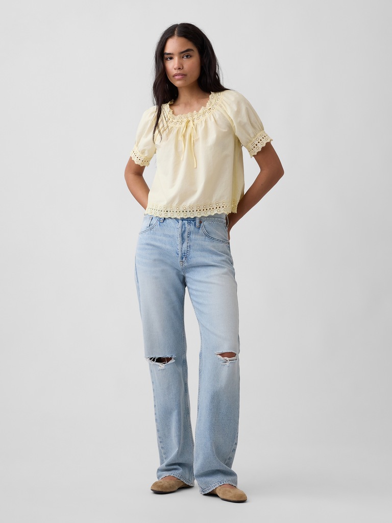 Relaxed Embroidered Tie-Front Top