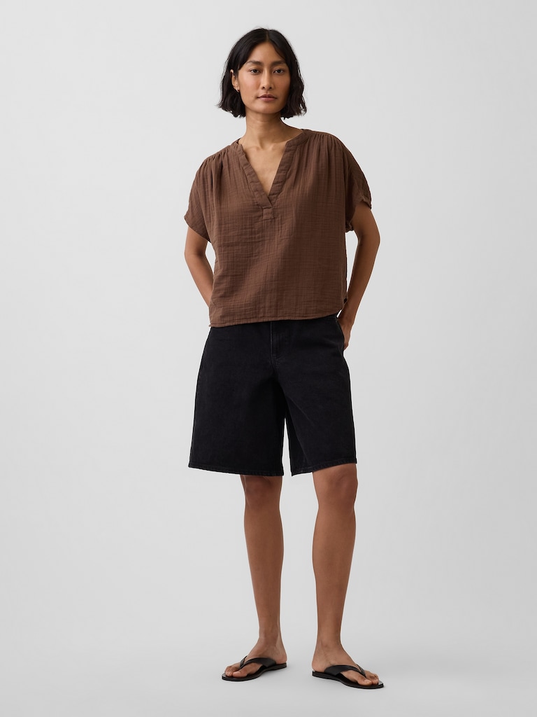 Cotton Gauze Oversized Split-Neck Top