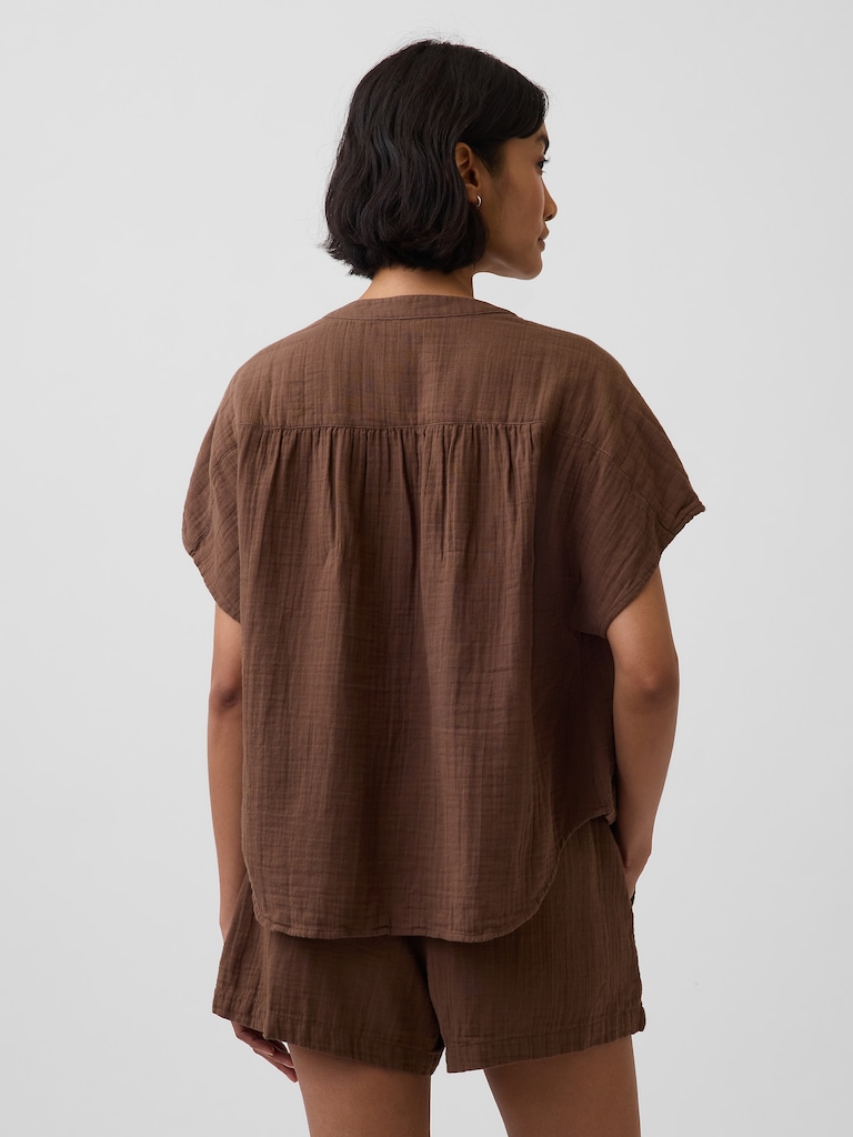 Cotton Gauze Oversized Split-Neck Top