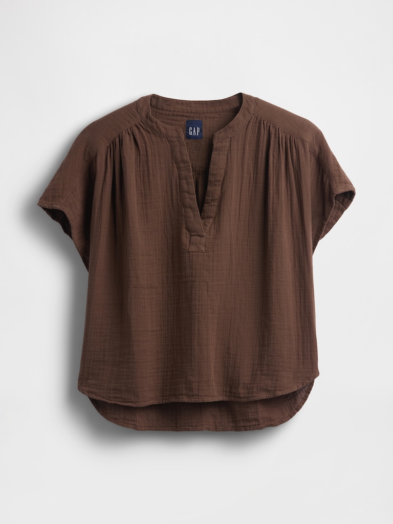 Cotton Gauze Oversized Split-Neck Top