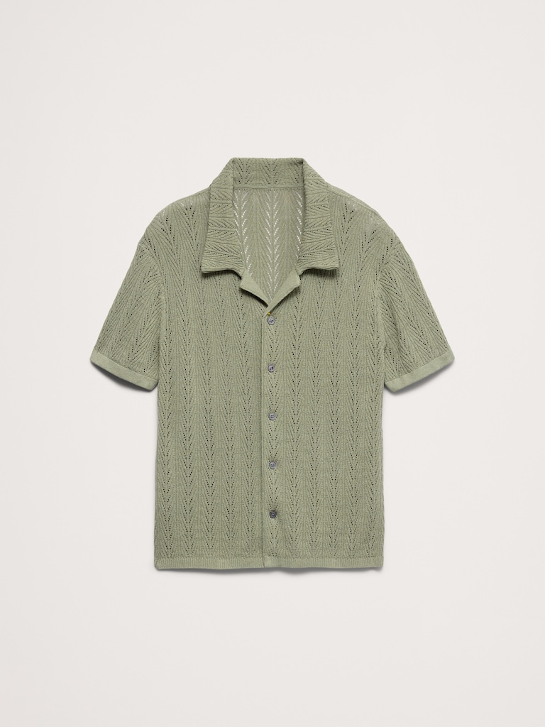 Pointelle Linen-Cotton Blend Polo Cardigan