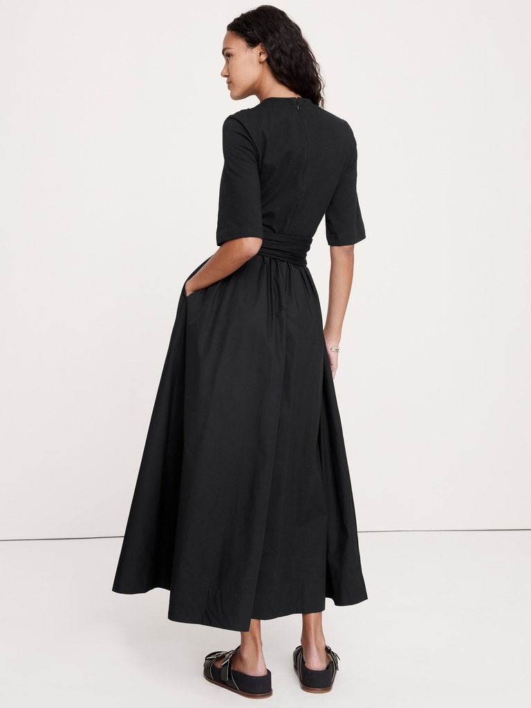 Robe longue torsadée en popeline de coton et jersey