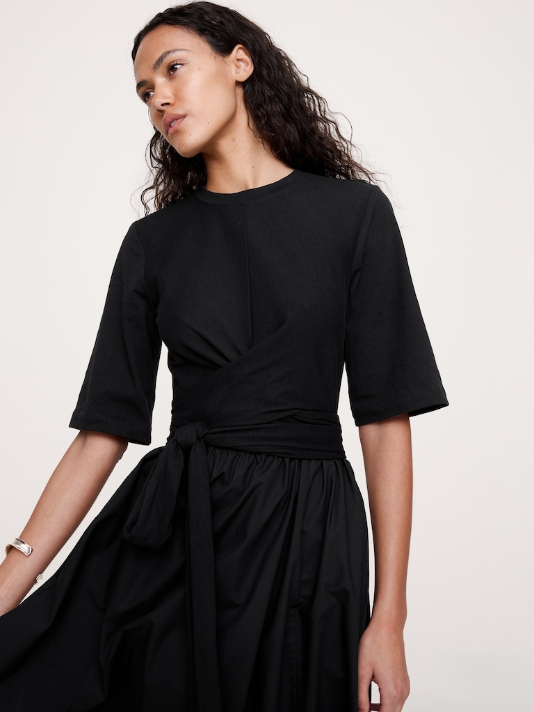 Robe longue torsadée en popeline de coton et jersey