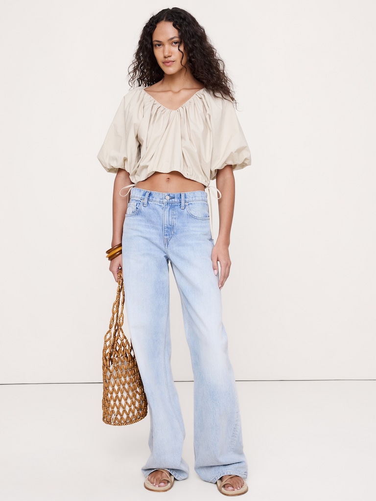 Cotton Poplin Bubble-Hem Cropped Top