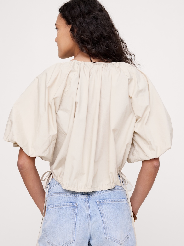 Cotton Poplin Bubble-Hem Cropped Top