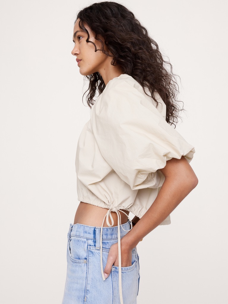 Cotton Poplin Bubble-Hem Cropped Top