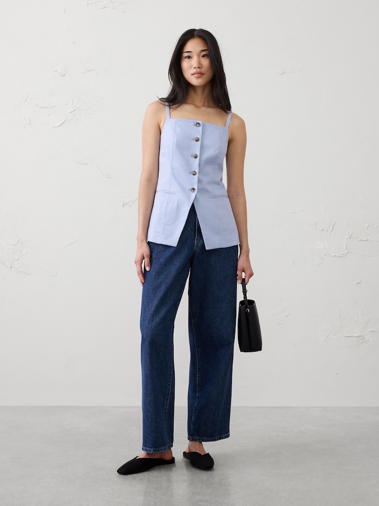 Linen-Blend Square-Neck Cutaway Vest