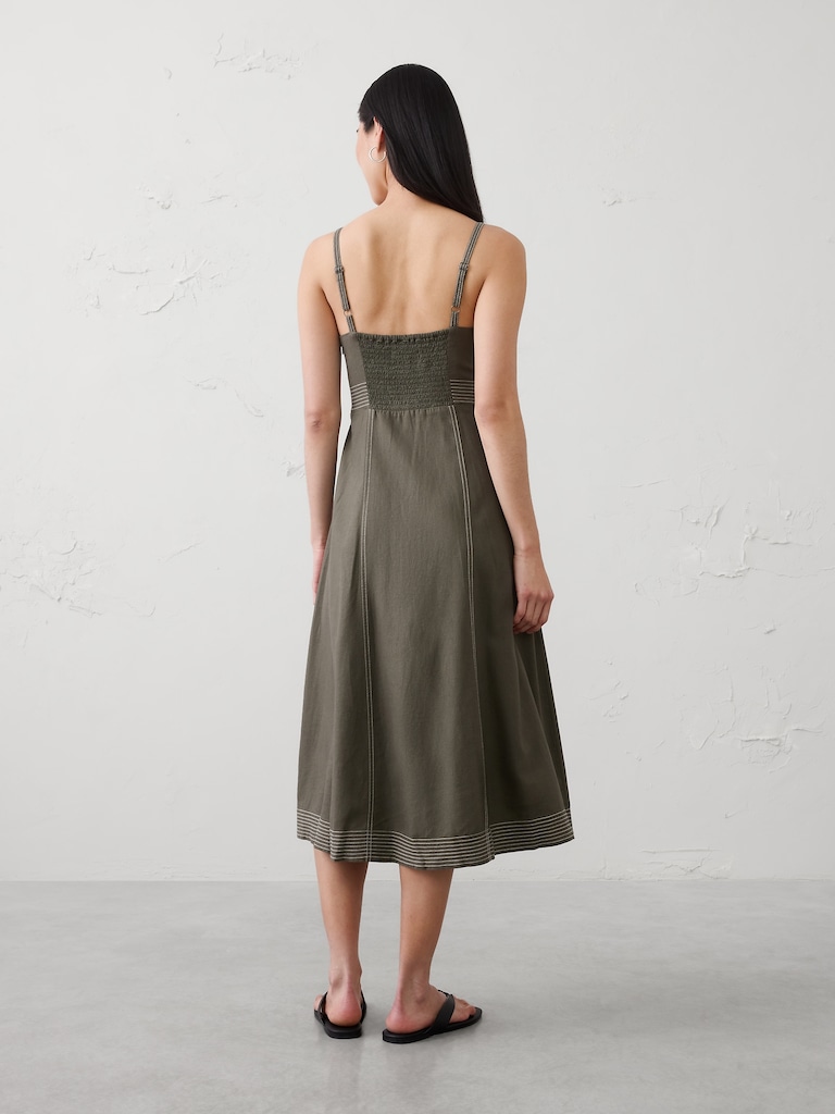 Linen-Blend Contrast Stitch Midi Dress