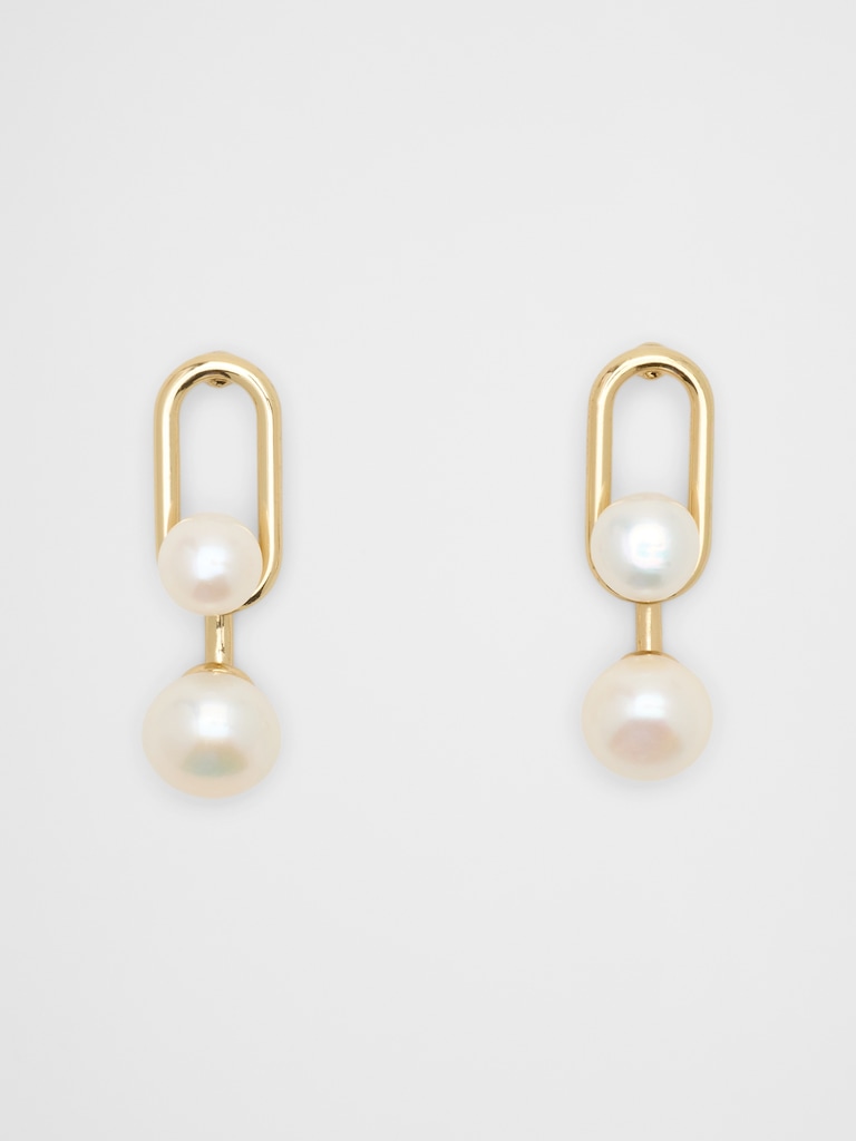 Oval Metal Pearl Drop Earrings
