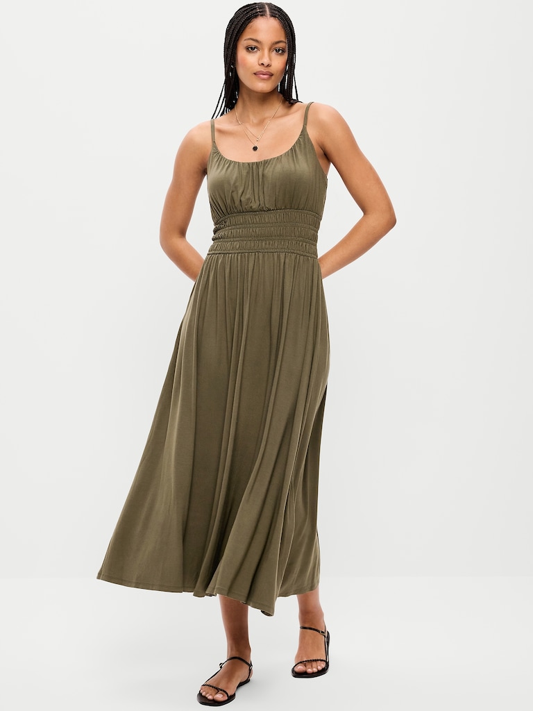 Fit & Flare Jersey Smocked-Waist Midi Dress